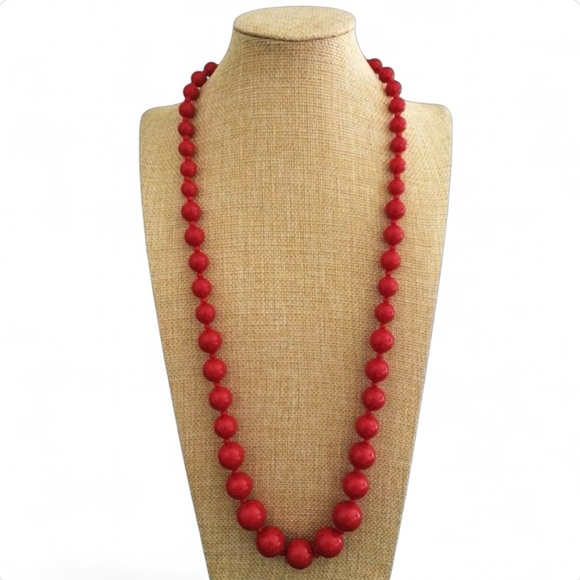 Vintage Jewelry - Vintage Gold-tone Graduated Red Lucite Beaded Necklace - 30" Long